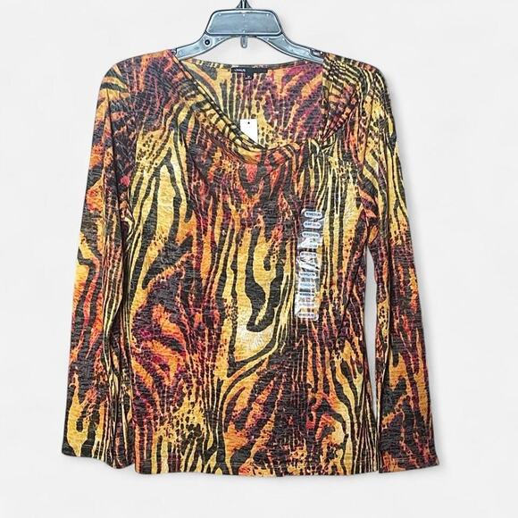Chaus Tops - Chaus Yellow Orange Zebra Tiger Print Cowl Neck Long Sleeve Top NWT – Size M